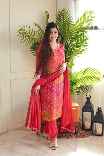 Pratha Red Printed Silk Suit