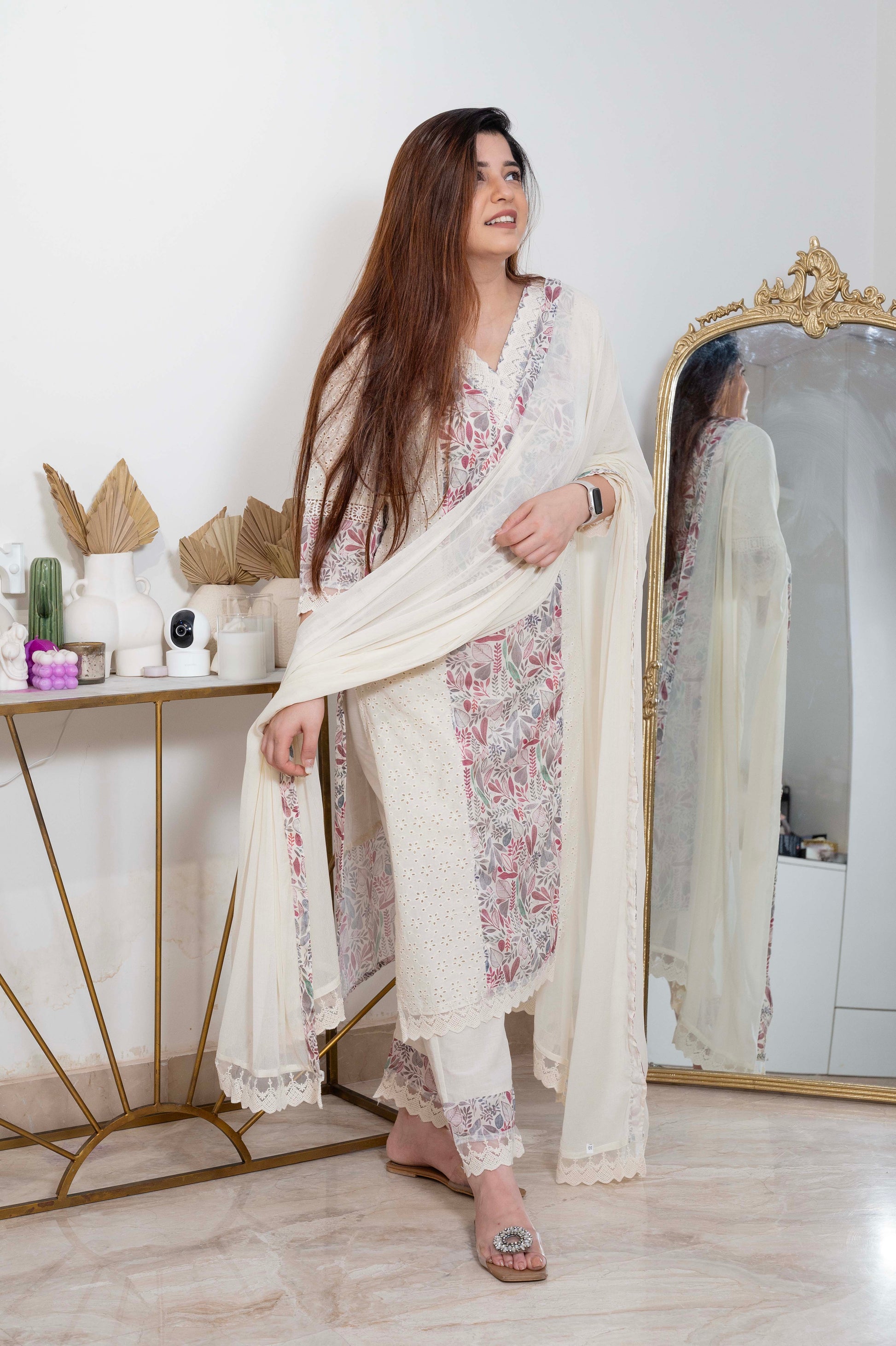 Keerat White Schiffli Suit Set