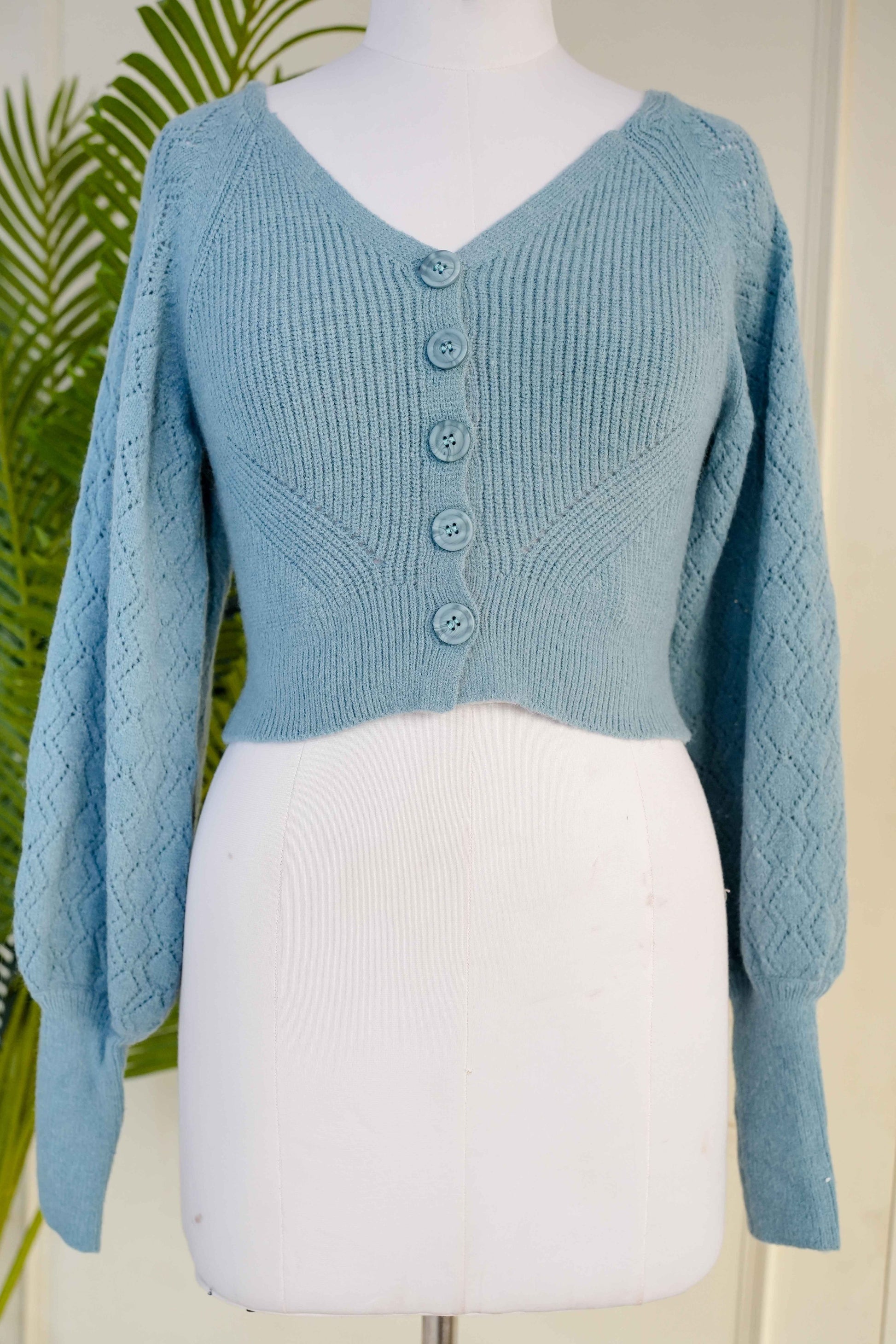 Blue Balloon Sleeve Knitted Sweater