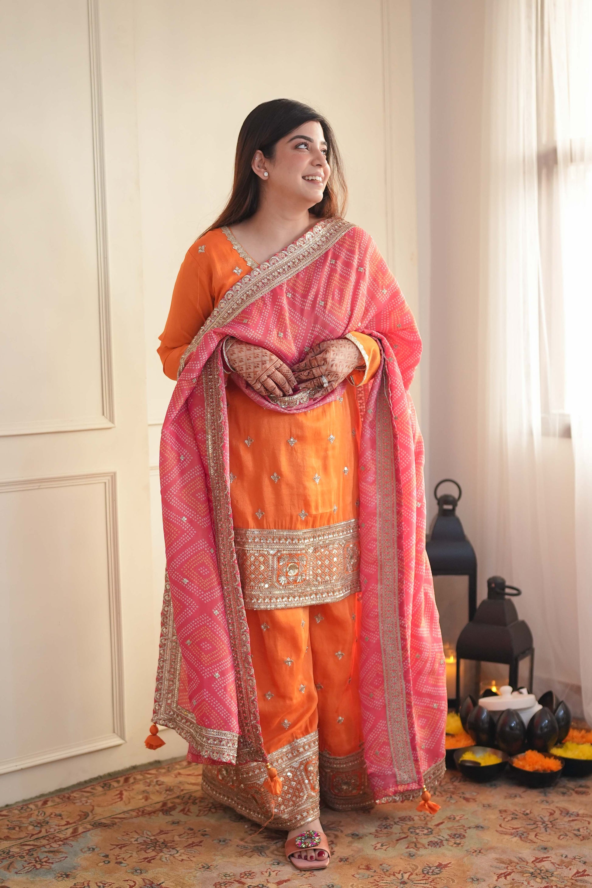 Anaira Orange Silk Suit With Bandhani Dupatta