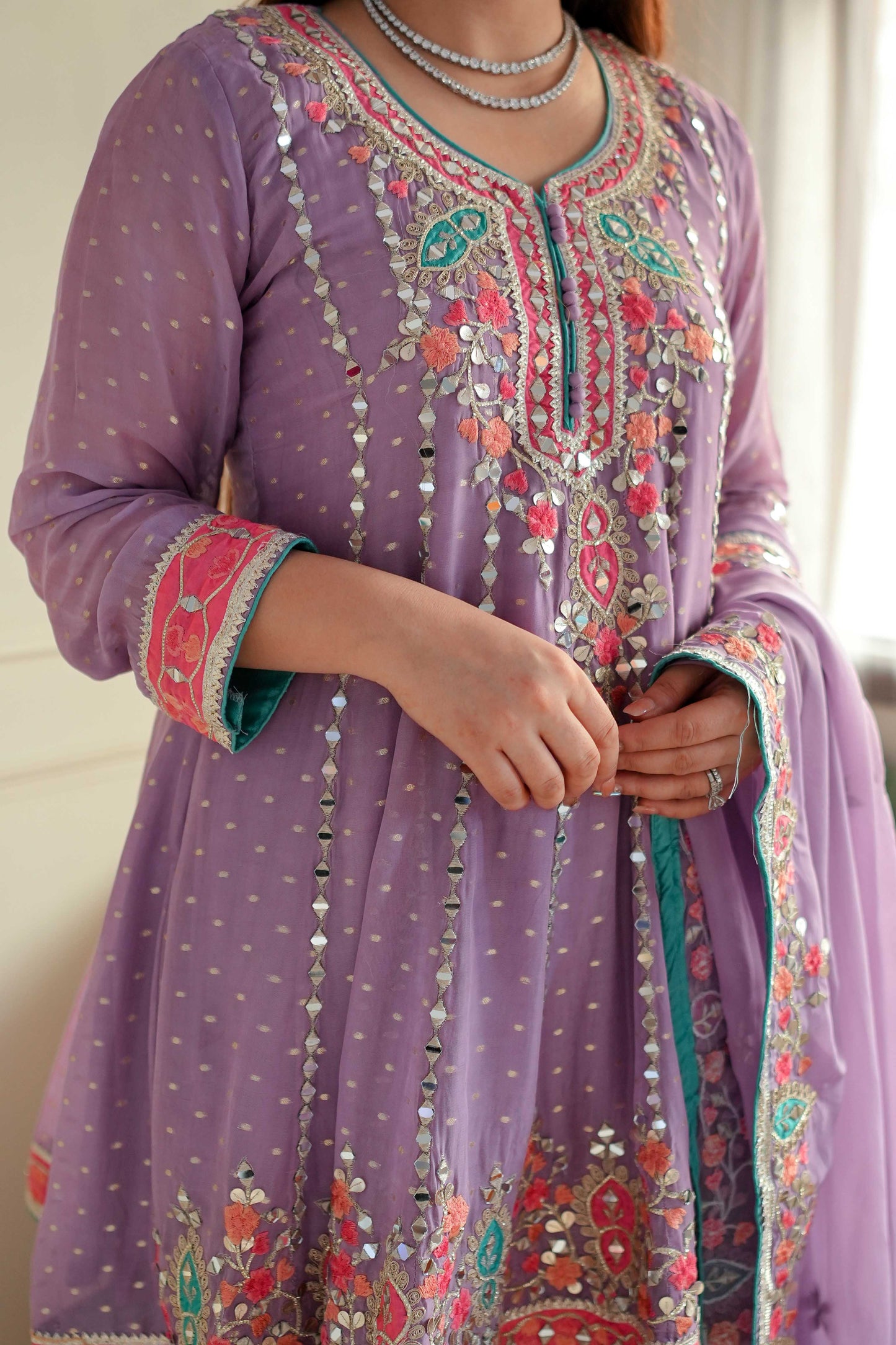 Kiara Lavender Mirror Work Short Anarkali With Dhoti