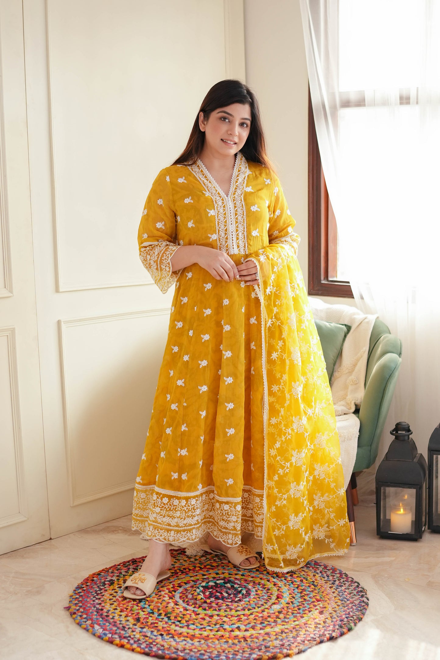 Faroza Yellow Schiffli Anarkali Suit Set