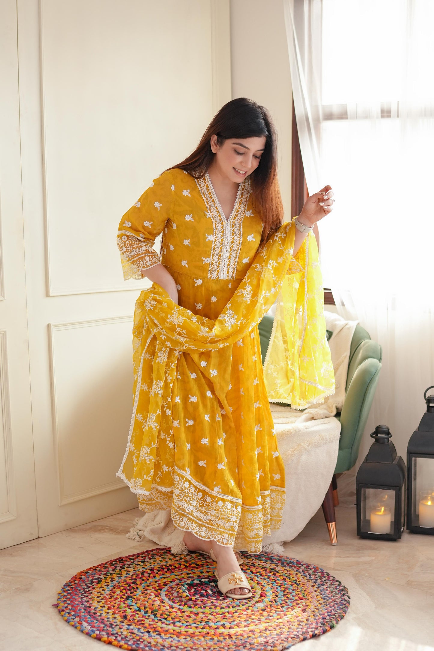 Faroza Yellow Schiffli Anarkali Suit Set