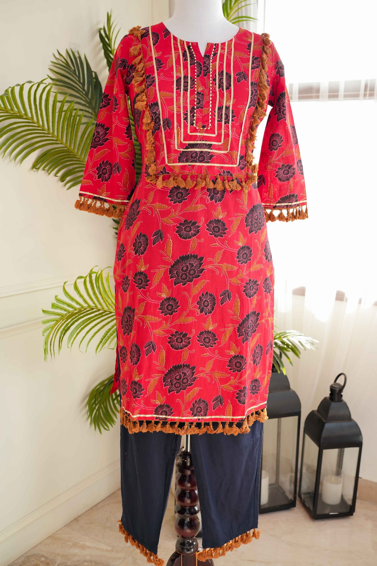 Red Printed Suit Set with Lace Detailing