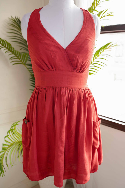 Red Halter Neck Short Dress with Side Pockets