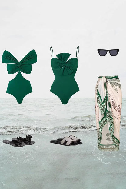 Green Bow Swimsuit with Sarong