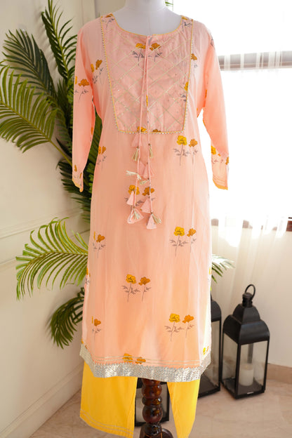 Peach Printed Suit Set with Gotta Work