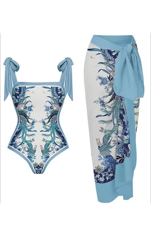 Blue Floral Print Swimsuit with Sarong