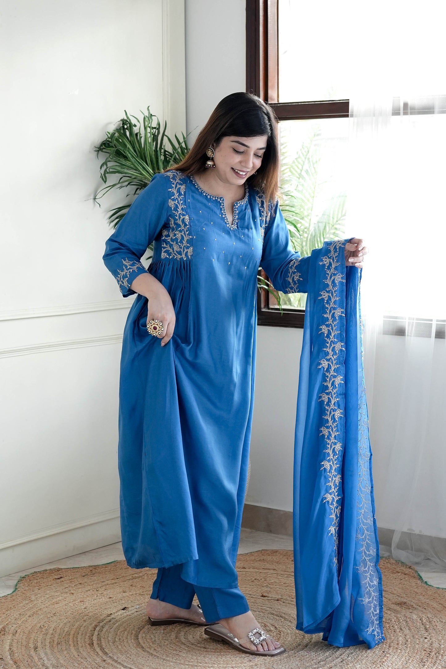 Simar Blue Embroidered Anarkali Suit Set