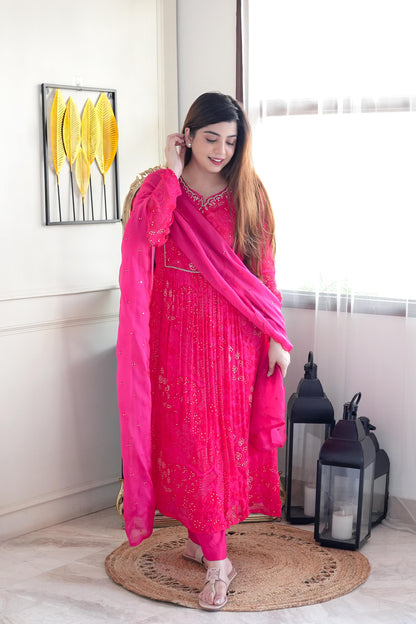 Sifra Hot Pink Embroidered Anarkali Suit Set