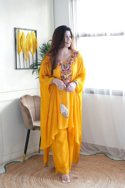 Yumna Yellow Embroidered Kaftan Set