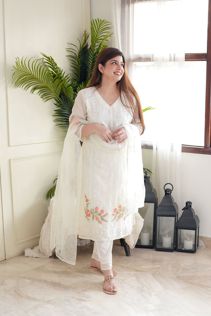 Zeenat White Embroidered Organza Suit Set