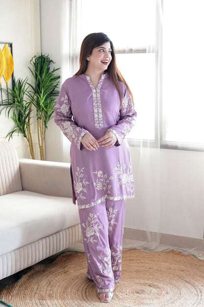 Simin Purple Thread Floral Embroidered Co ord Set