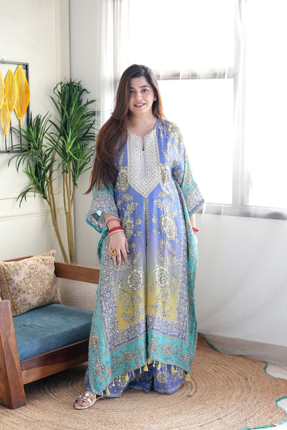 Sehrat Blue Ombre Printed Kaftan Set with Neck Embroidery