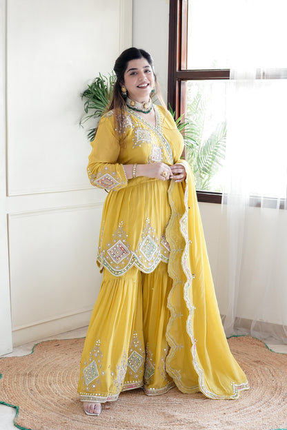 Anaya Yellow Mirror Work Sharara Set