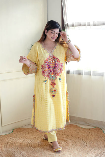 Serene Yellow Embroidered Chogha Set