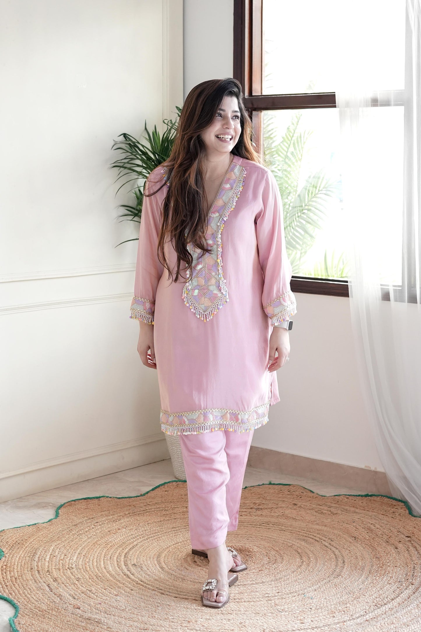 Zoya Pink Embroidered Co ord Set