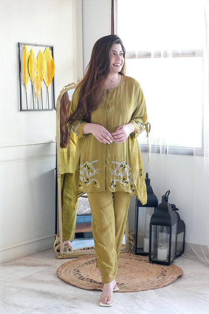 Farhana Green Embroidered Kaftan Co ord Set