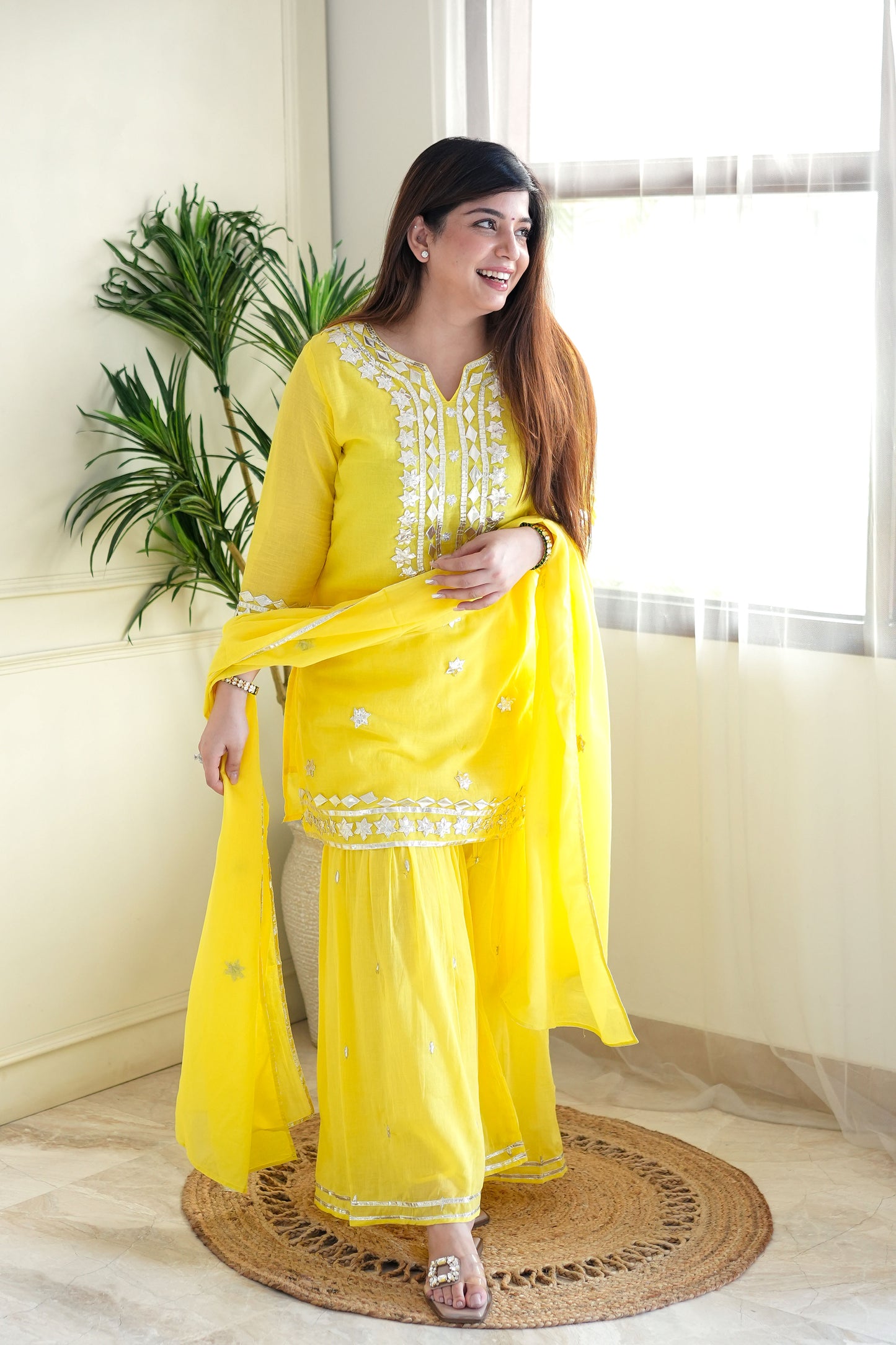 Safia Yellow Gotta Embroidered Sharara Set