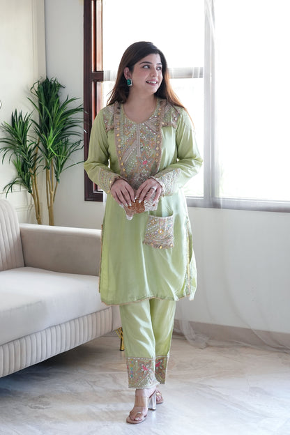 Rafia Green Embroidered Co ord Set