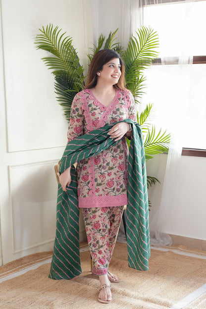 Meet Green Printed Cotton Suit Set