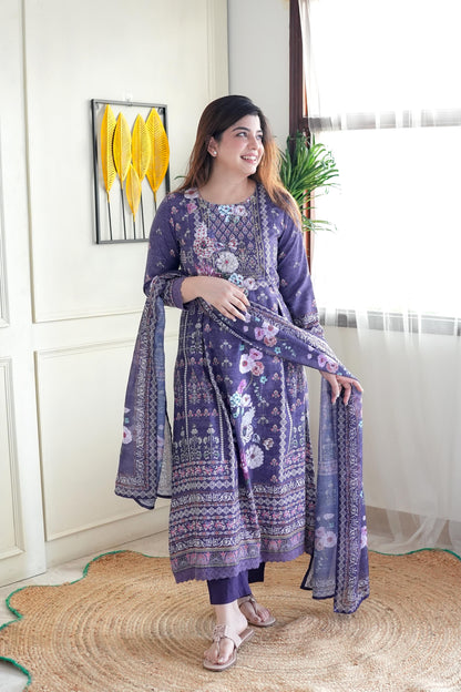 Ifat Purple Printed A-line Suit Set