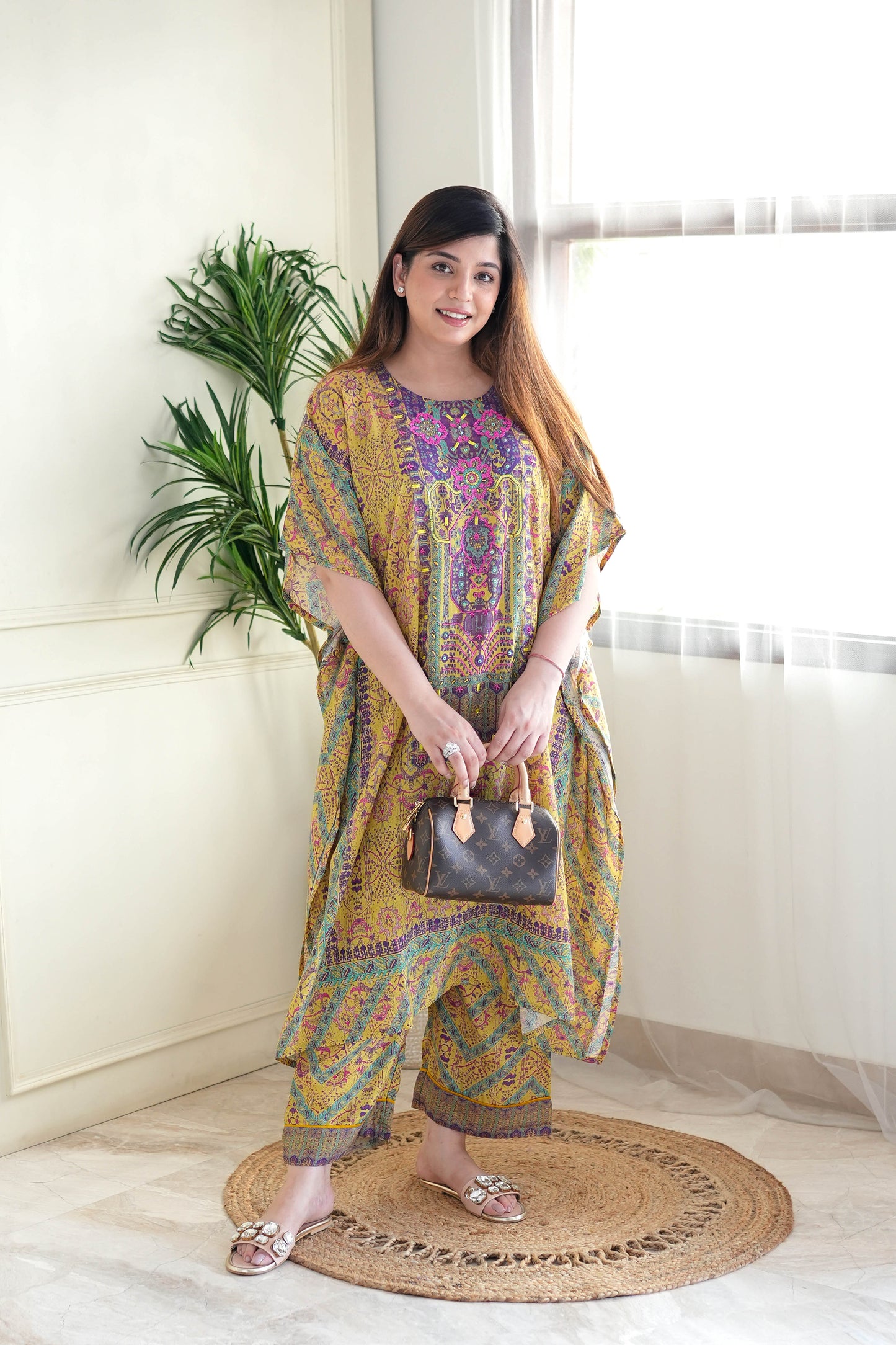 Rehem Printed Kaftan Set with Neck Embroidery