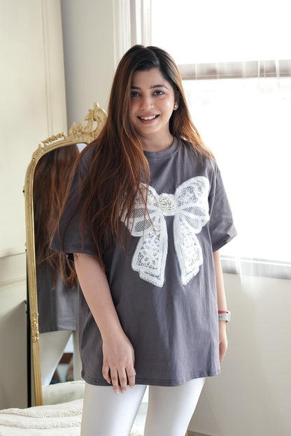 Woxa Grey Bow Embellished Tshirt