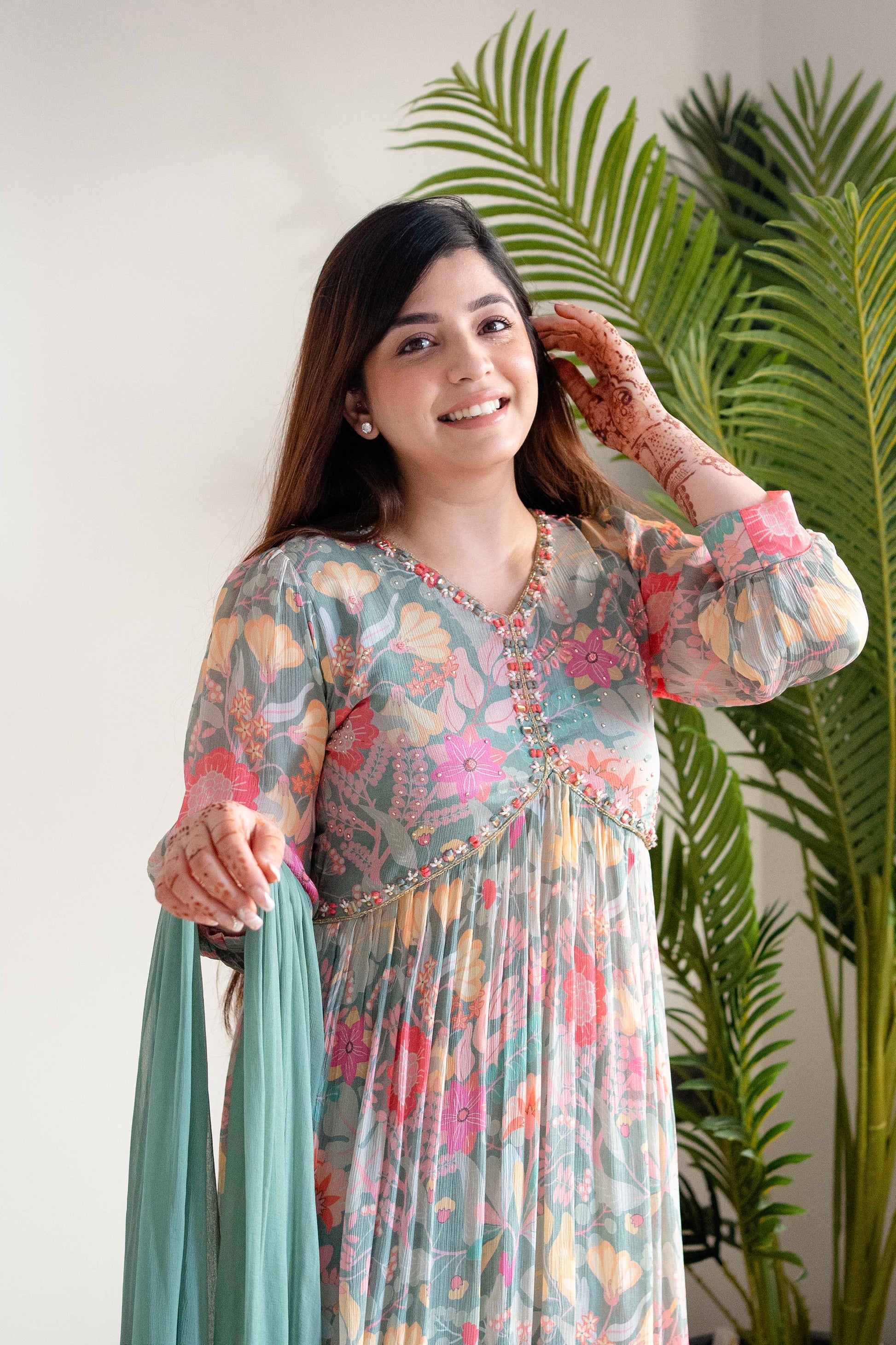 Mehera Green Floral Naira Cut Suit Set