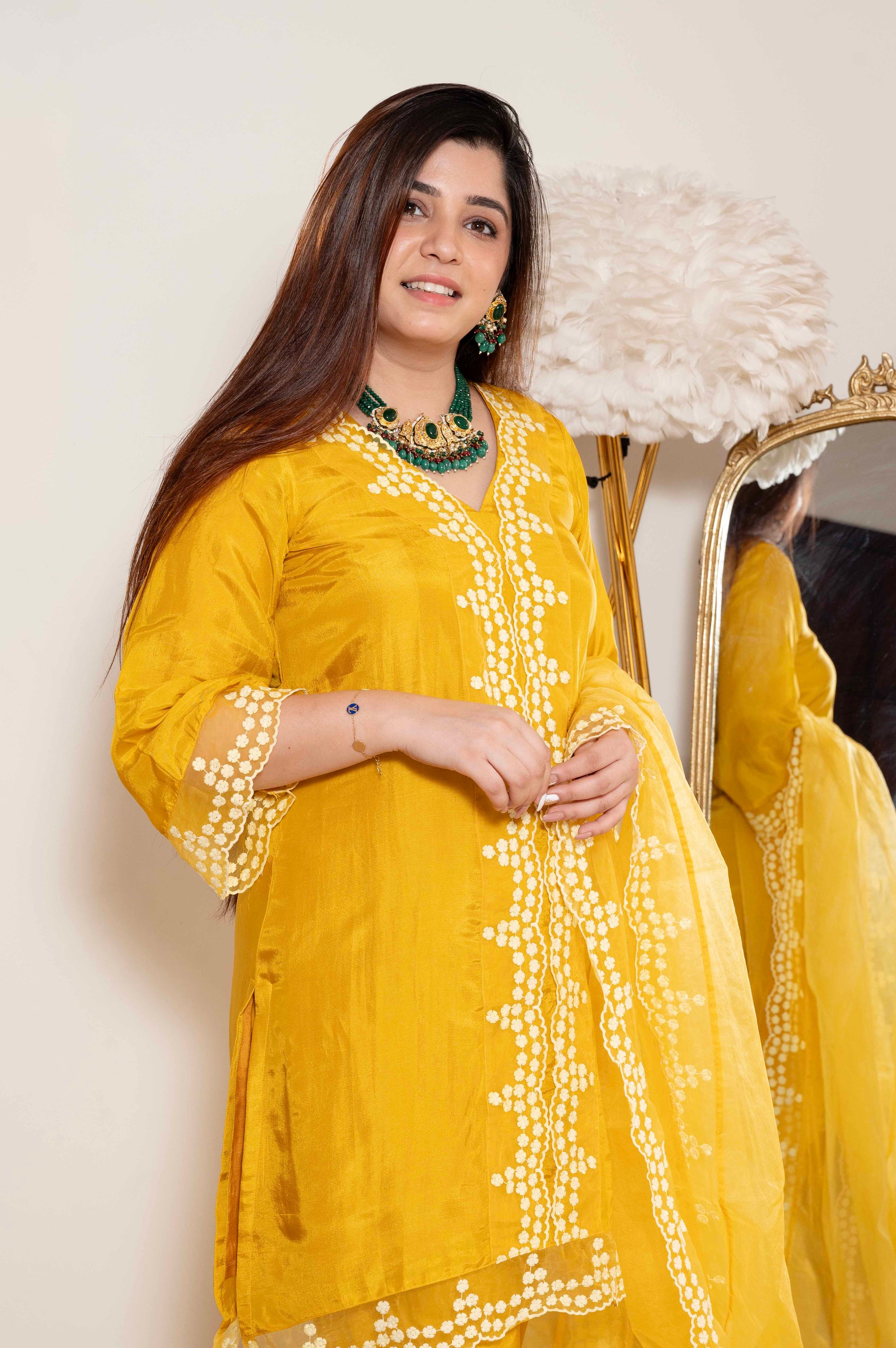 Sukh Yellow Silk Suit With Schiffli Detailing