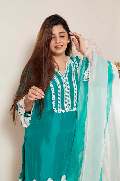 Tirana Green Suit Set With Cutwork Detailing