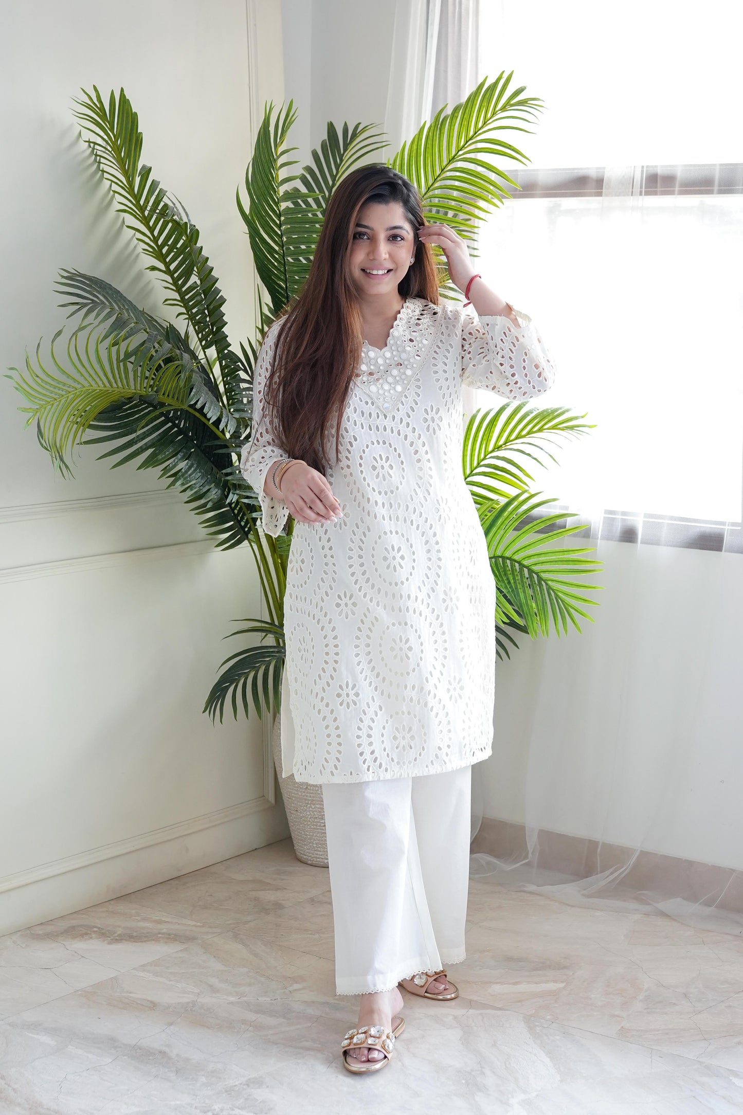 Gaura White Cutwork Plazo Set