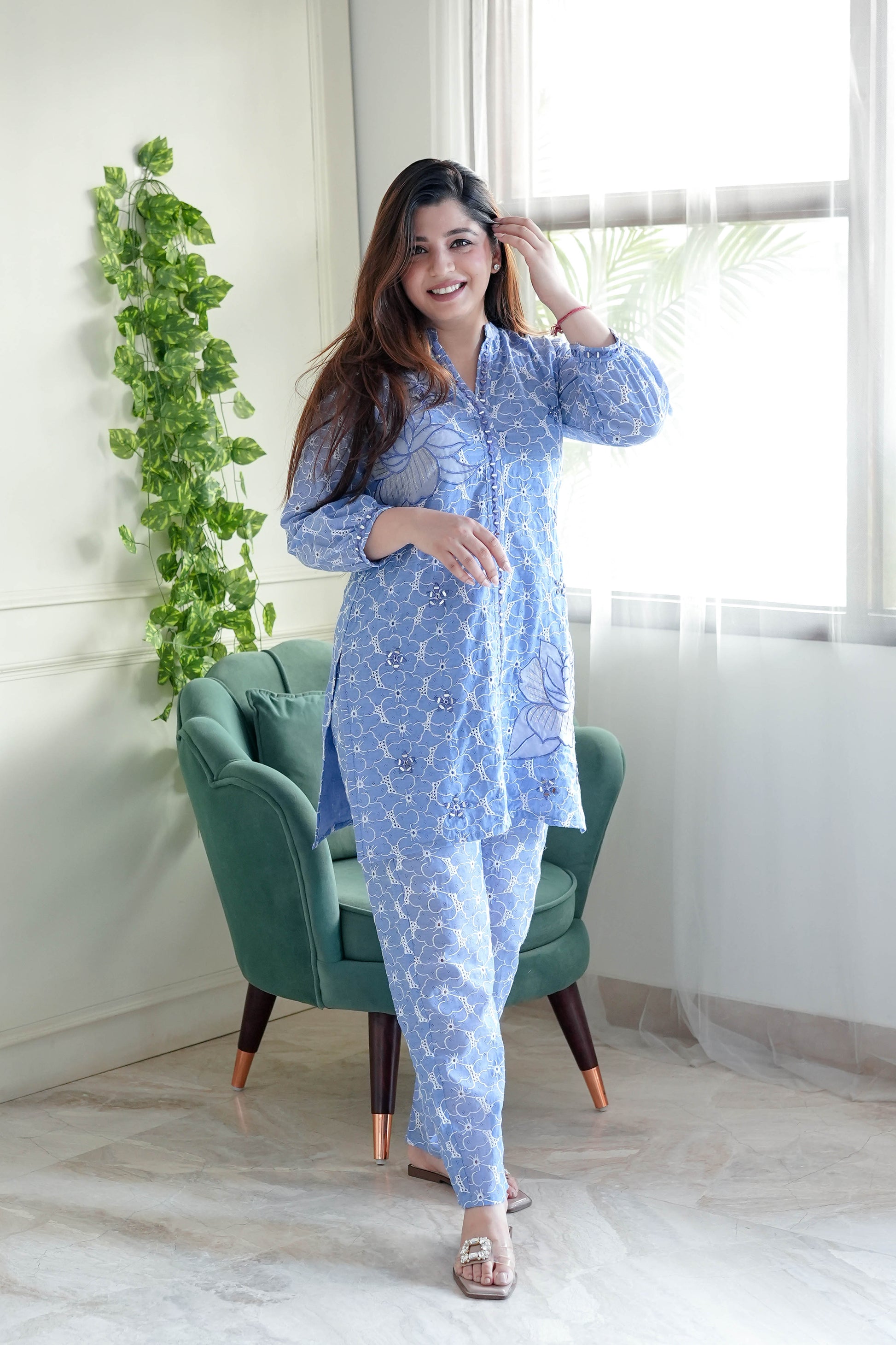 Viyaah Blue Schiffli Co ord Set