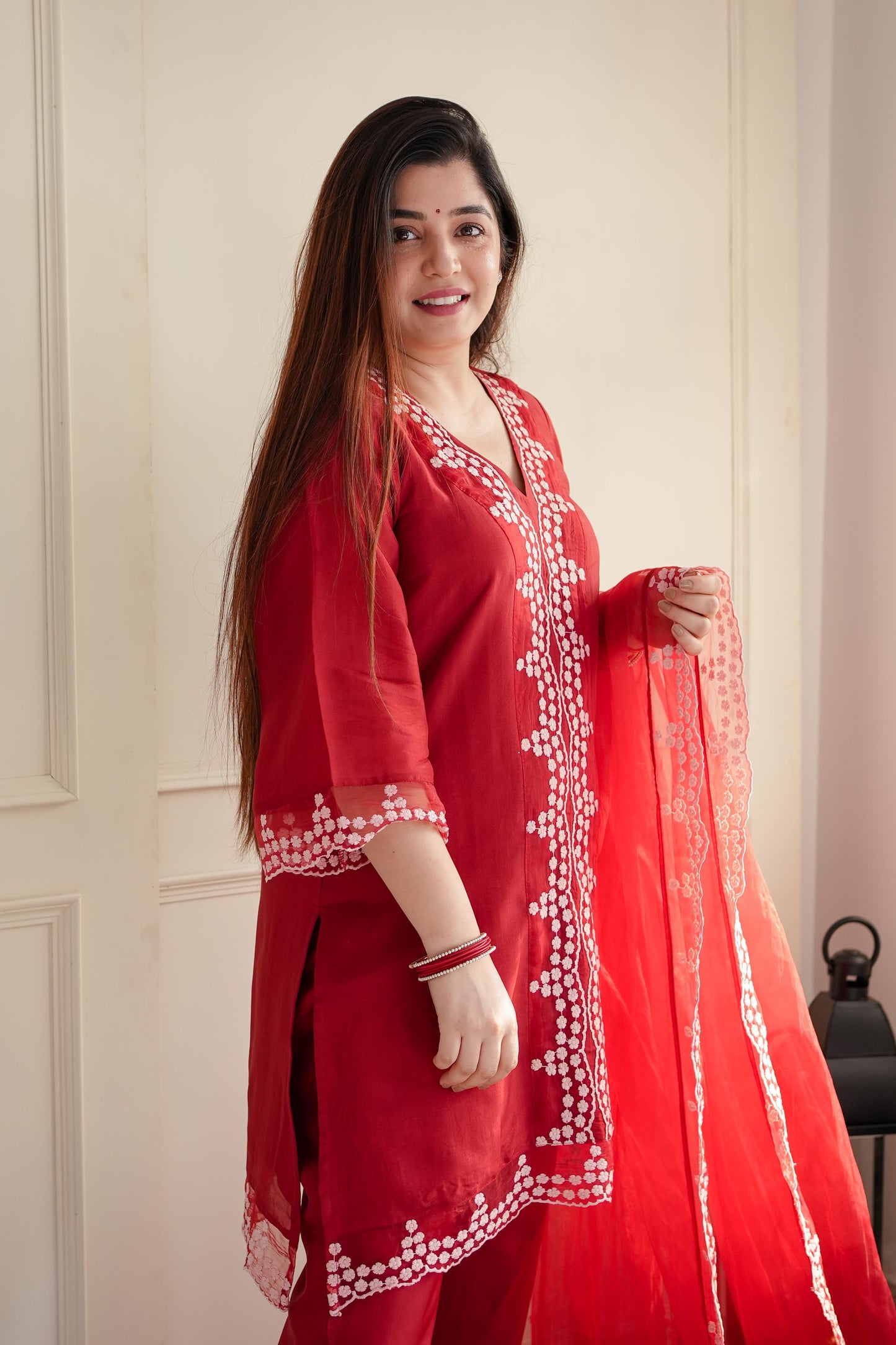 Sukh Red Schiffli Suit Set