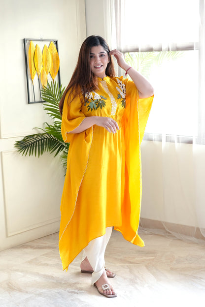 Saba Yellow Hand Embroidered Kaftan Set