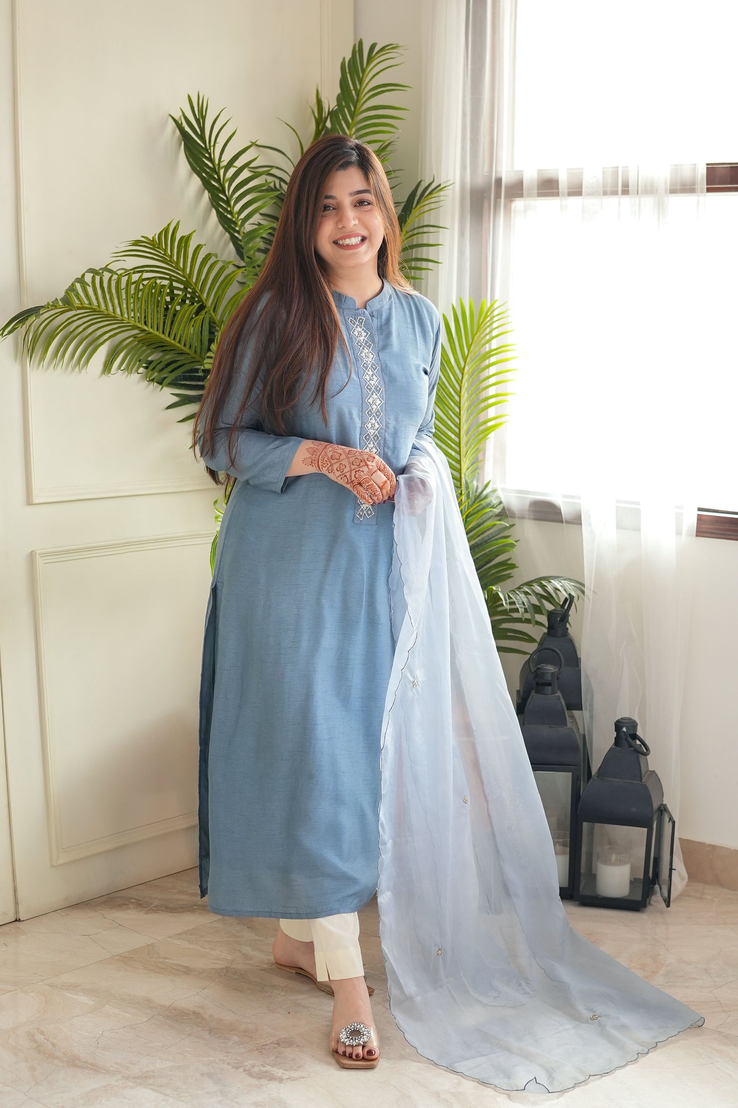 Sia Blue Silk Shirt And Dupatta