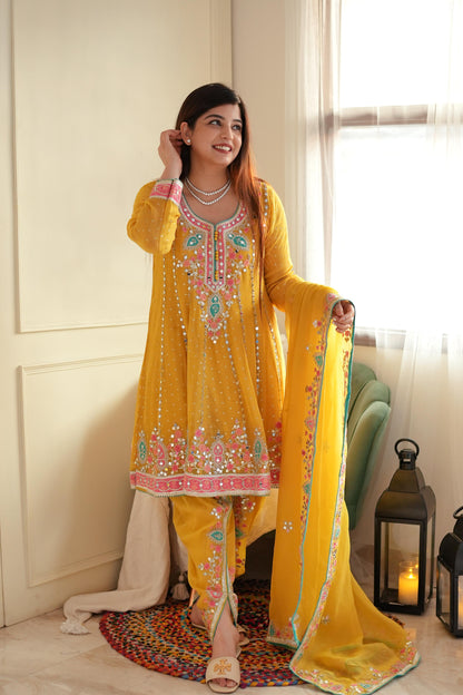 Kiara Yellow Mirror Work Short Anarkali With Dhoti