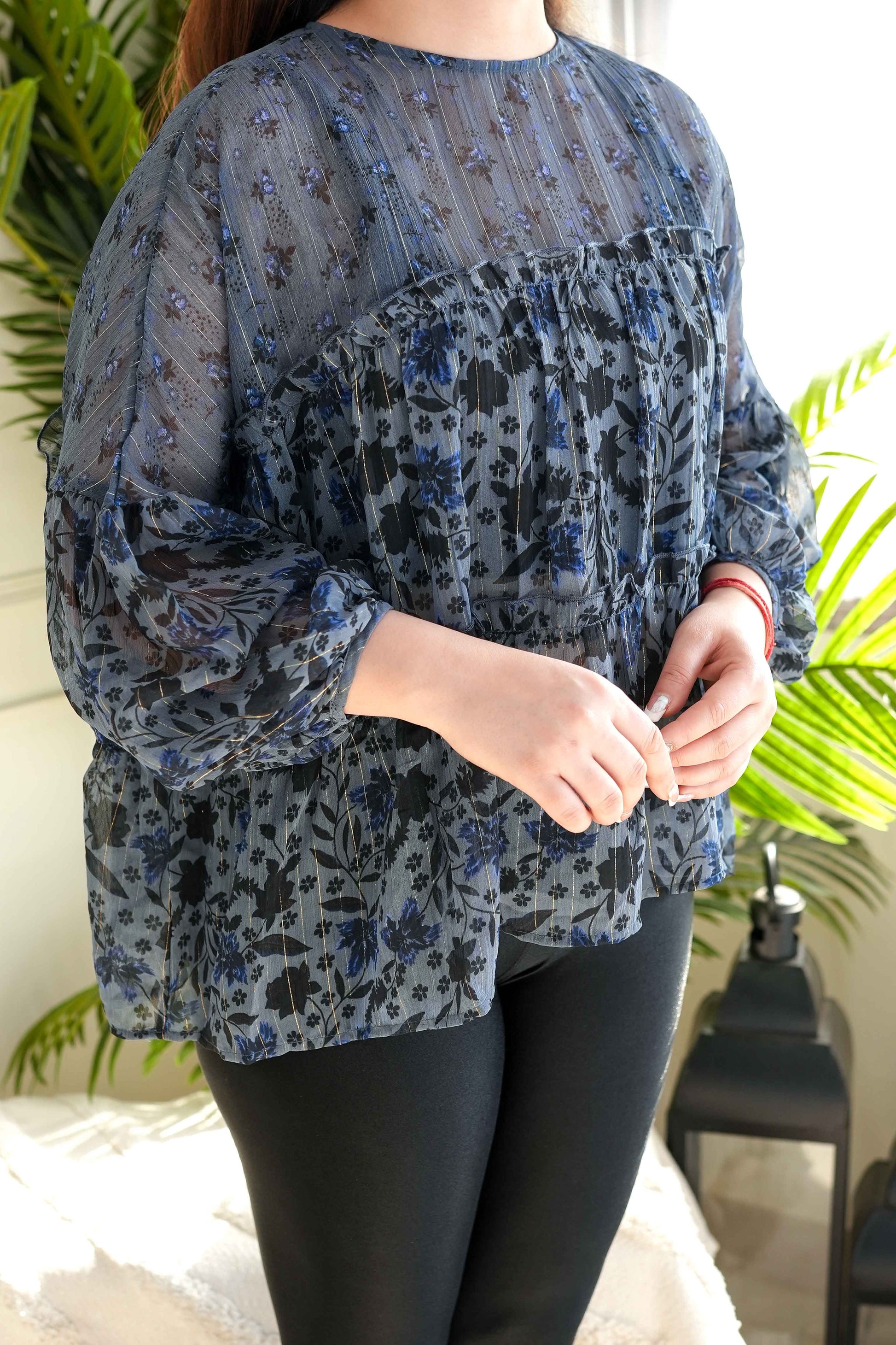 Nora Blue Printed Flare Top