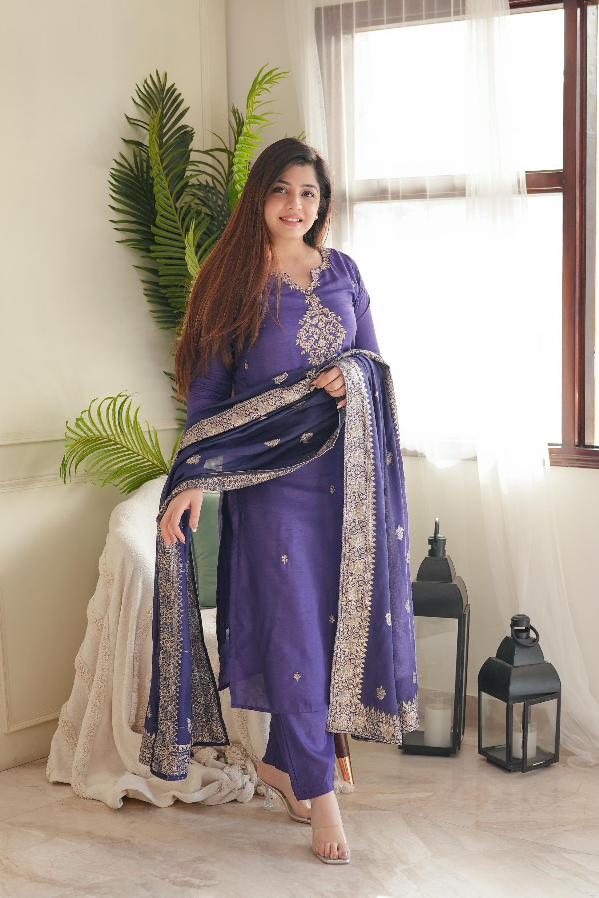 Neera Purple Zari Embroidered Suit Set