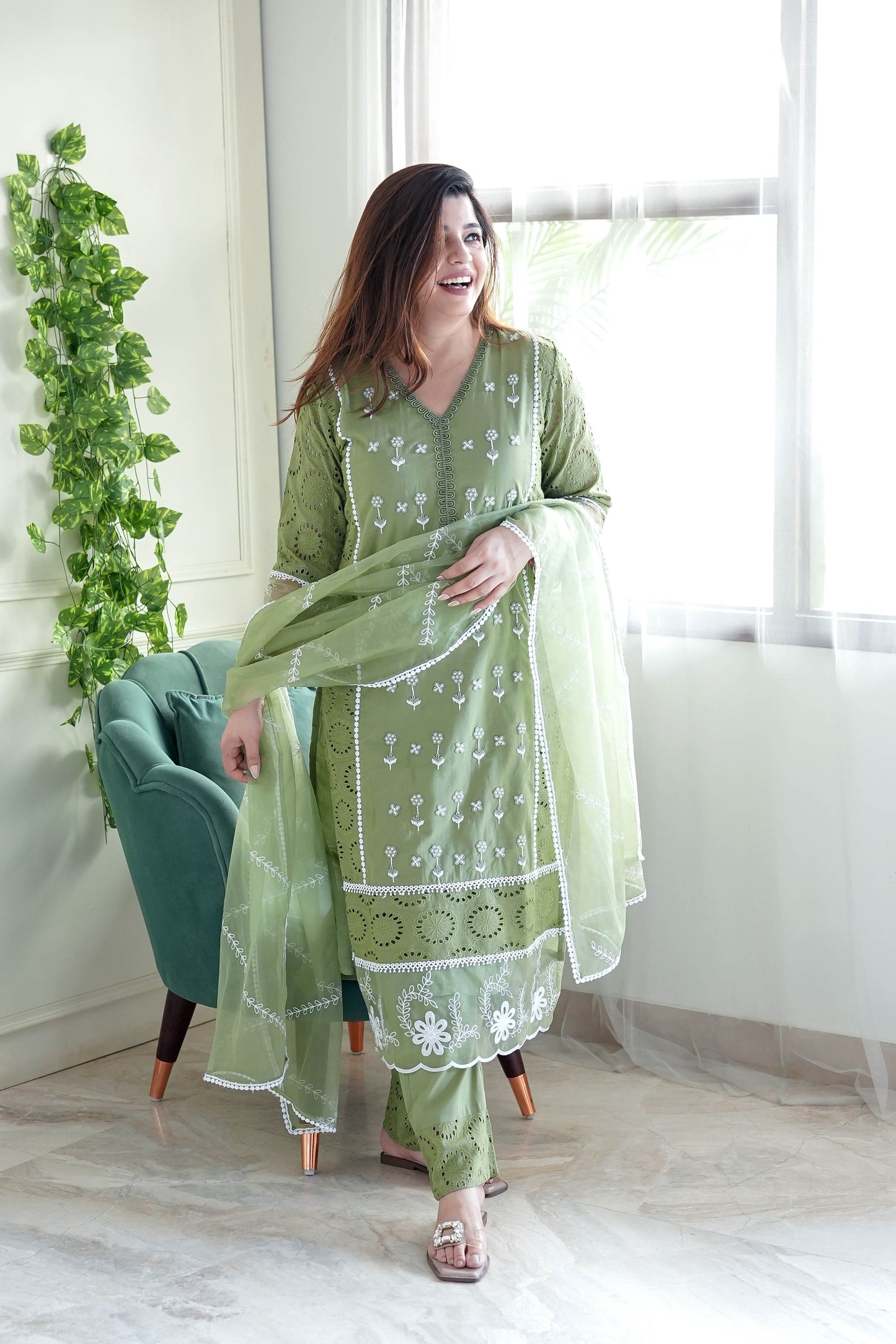 Meera Green Embroidery Cotton Suit Set