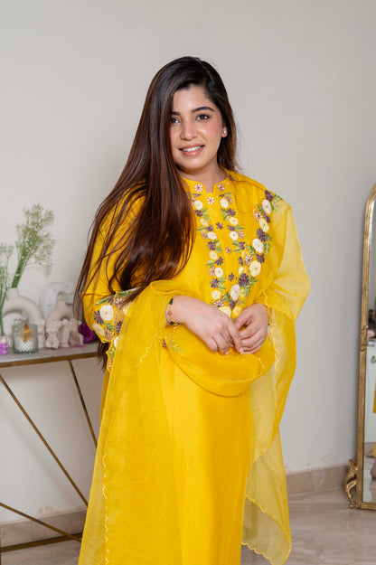 Nadira Yellow Embroidered Silk Suit Set