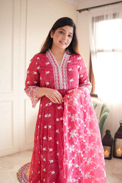 Feroza Pink Schiffli Anarkali Suit Set