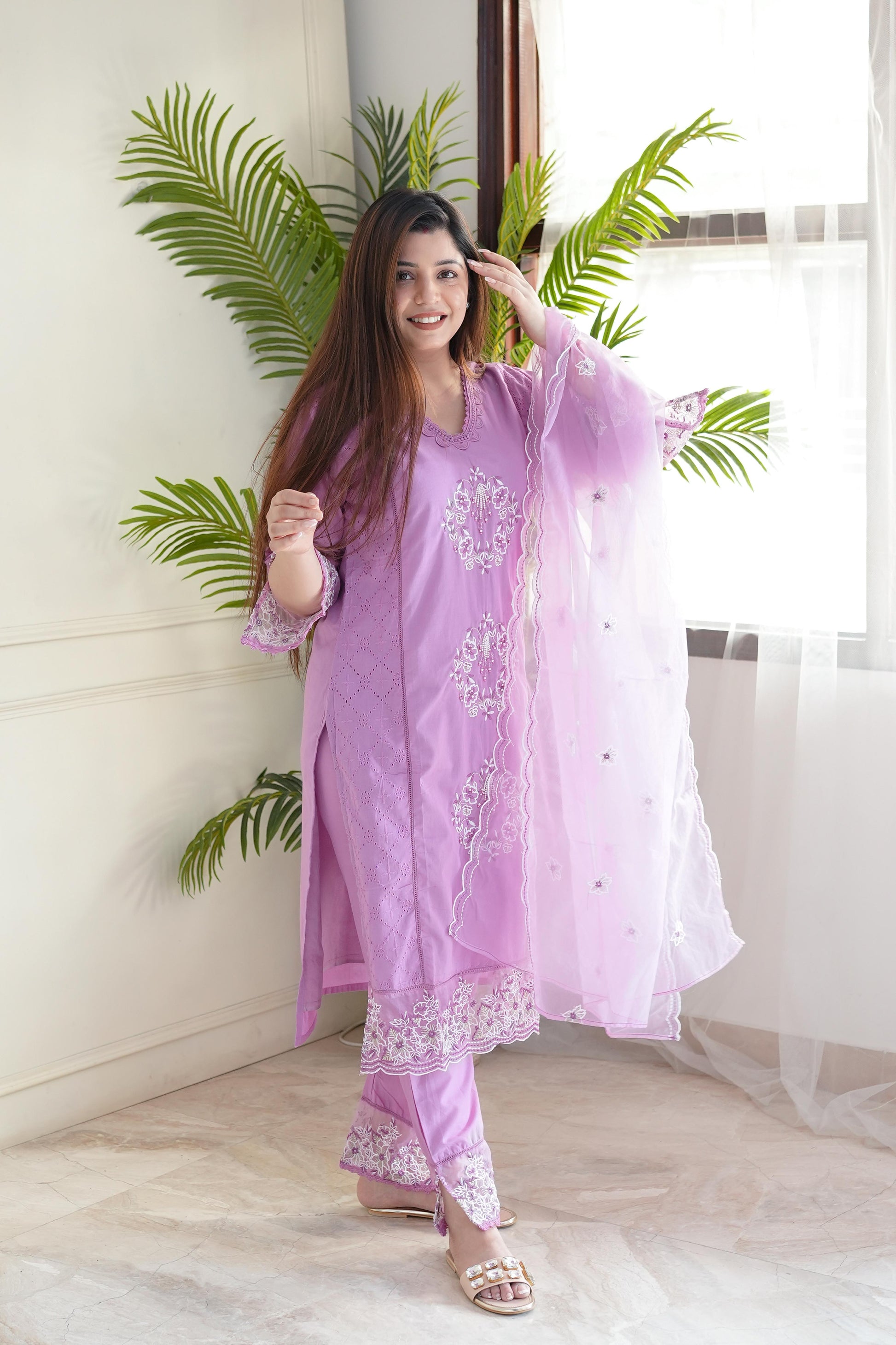 Meera Purple Embroidered Cotton Suit Set