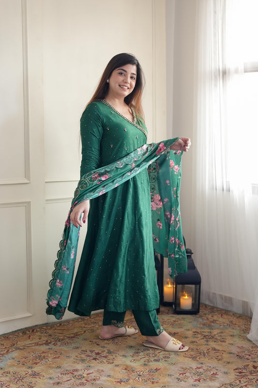 Samaara Green Silk Anarakali With Printed Dupatta