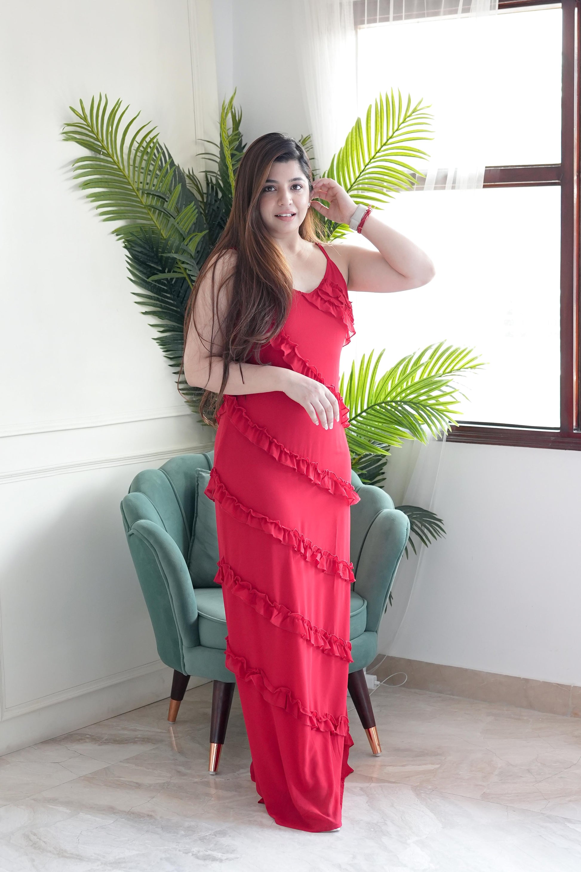 Luxe Red Long Maxi With Frills