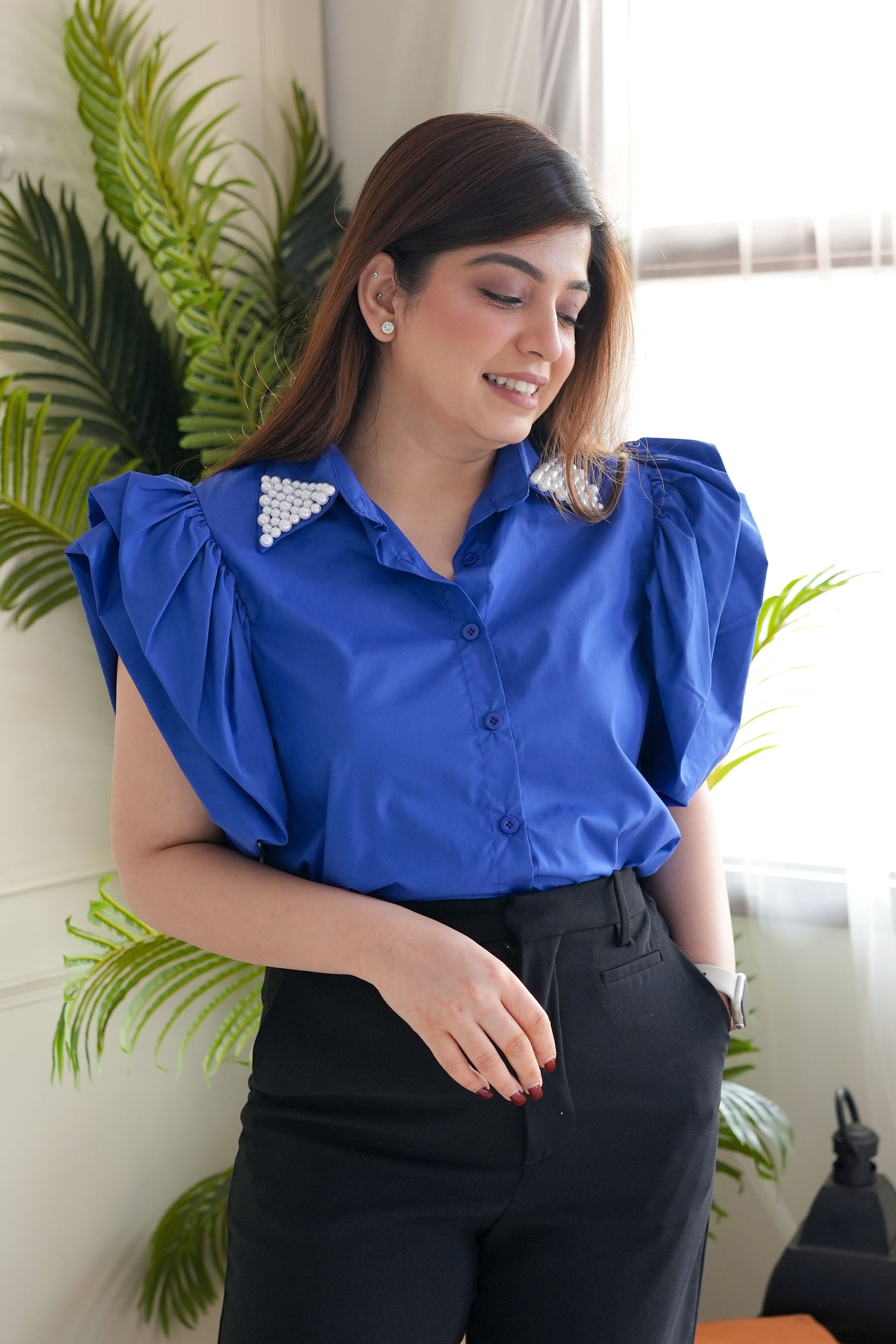 Noyo Blue Pearl Embellished Shirt