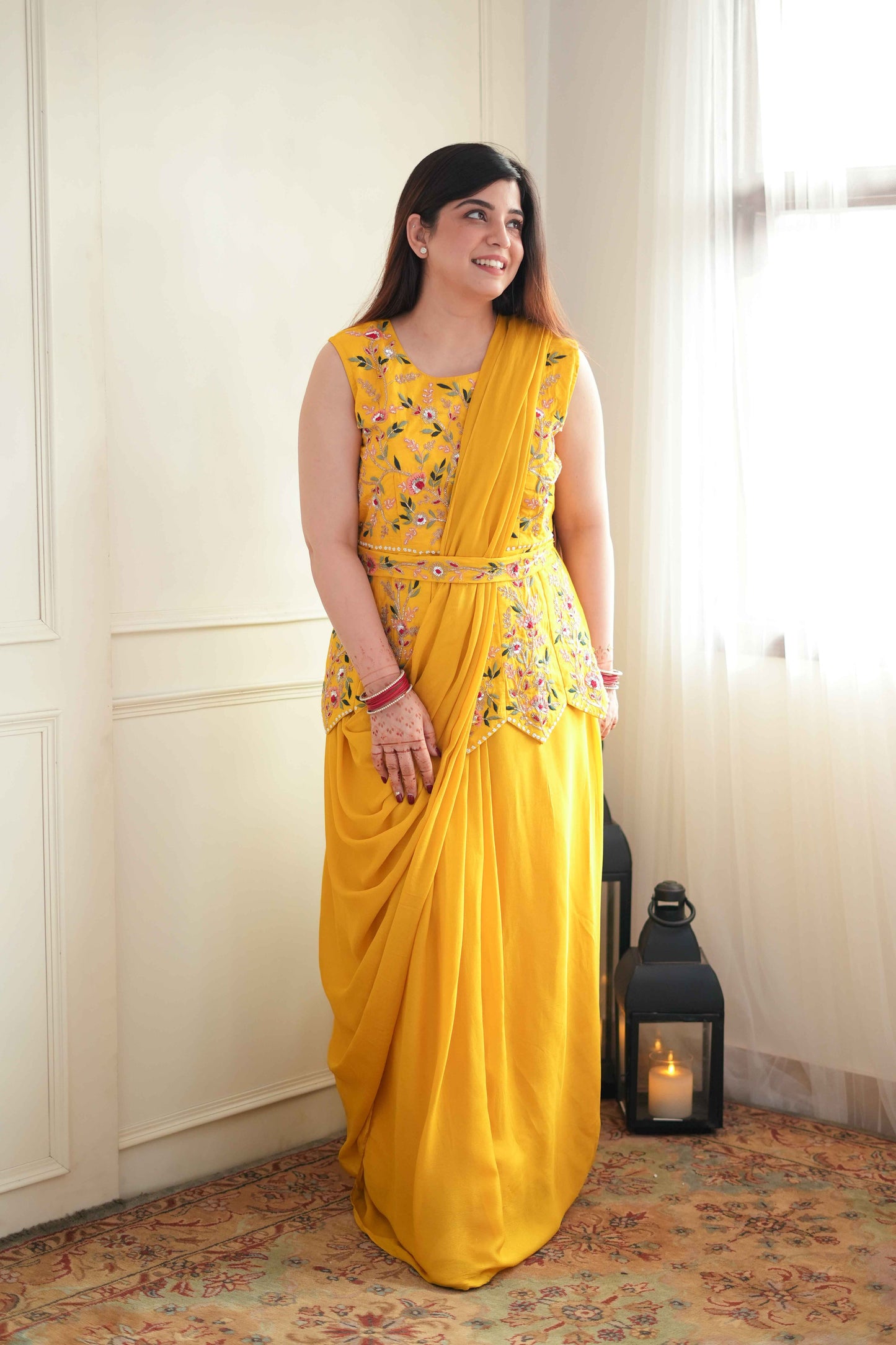 Mukti Yellow Embroidered Drape Saree