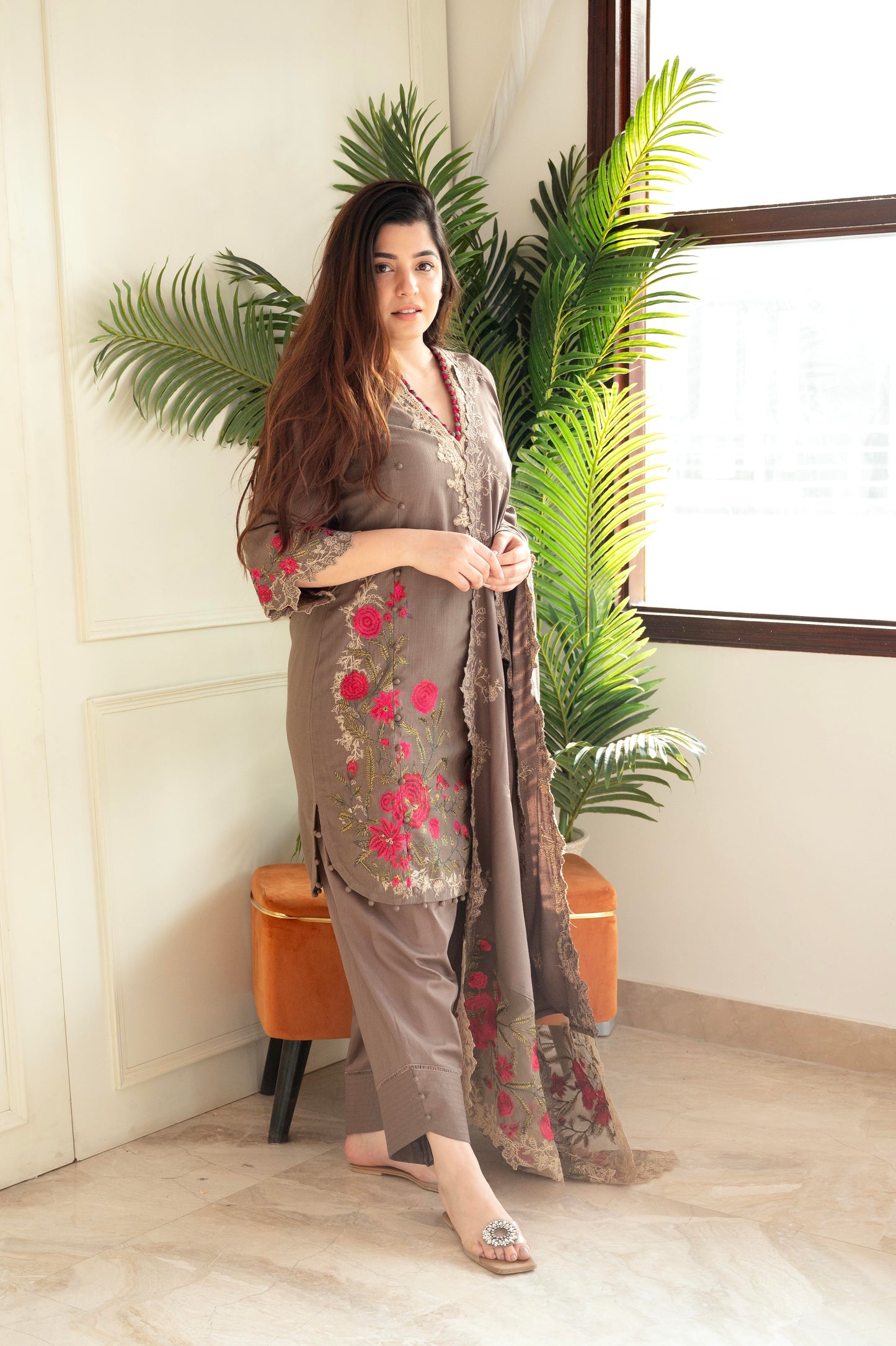 Sana Brown Embroidered Pakistani Linen Suit