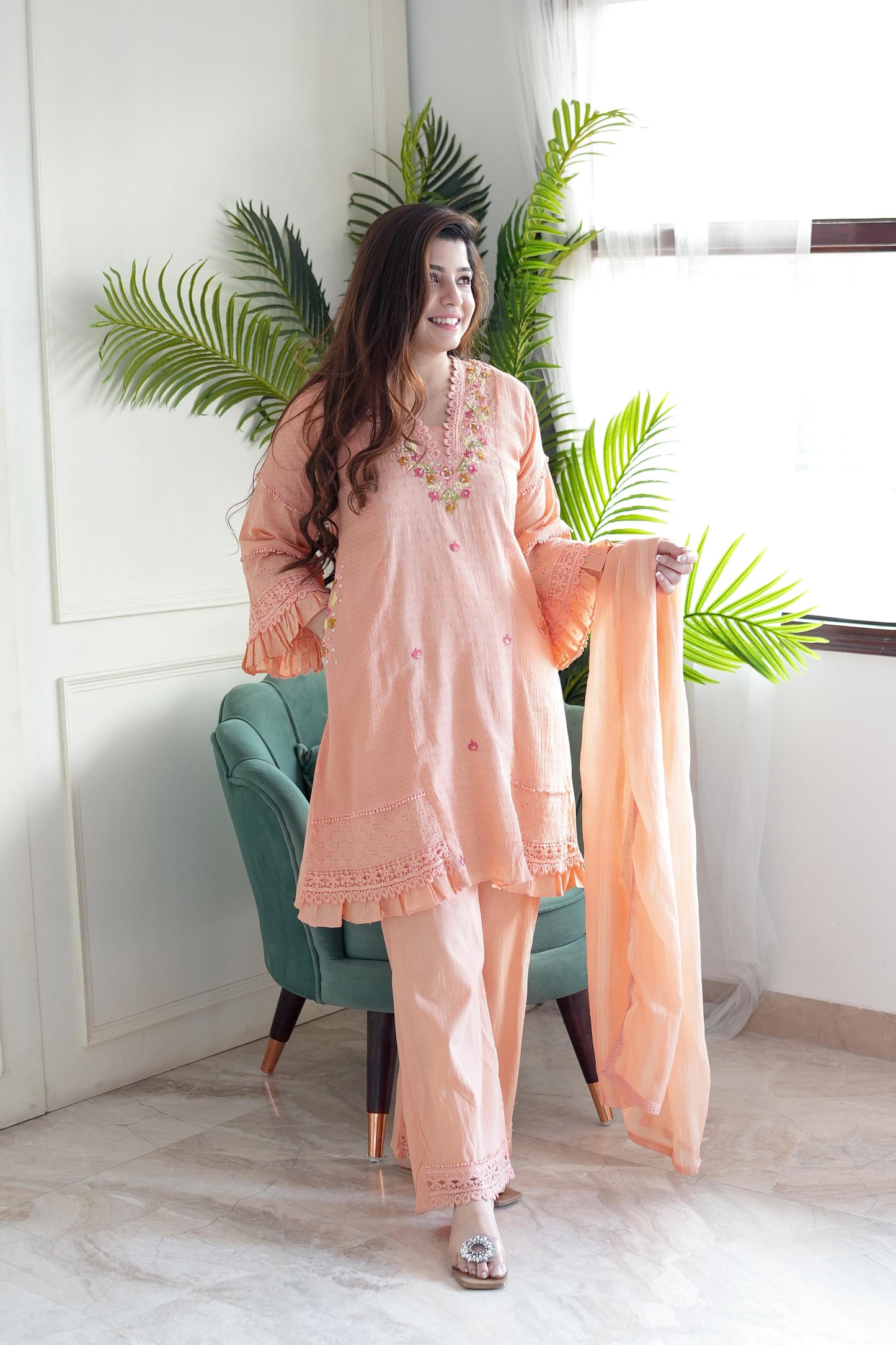 Neemat Peach Embroidered Plazo Set