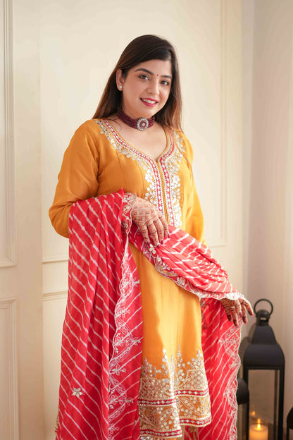 Seher Yellow Short Anarkali With Lehriya Dupatta.